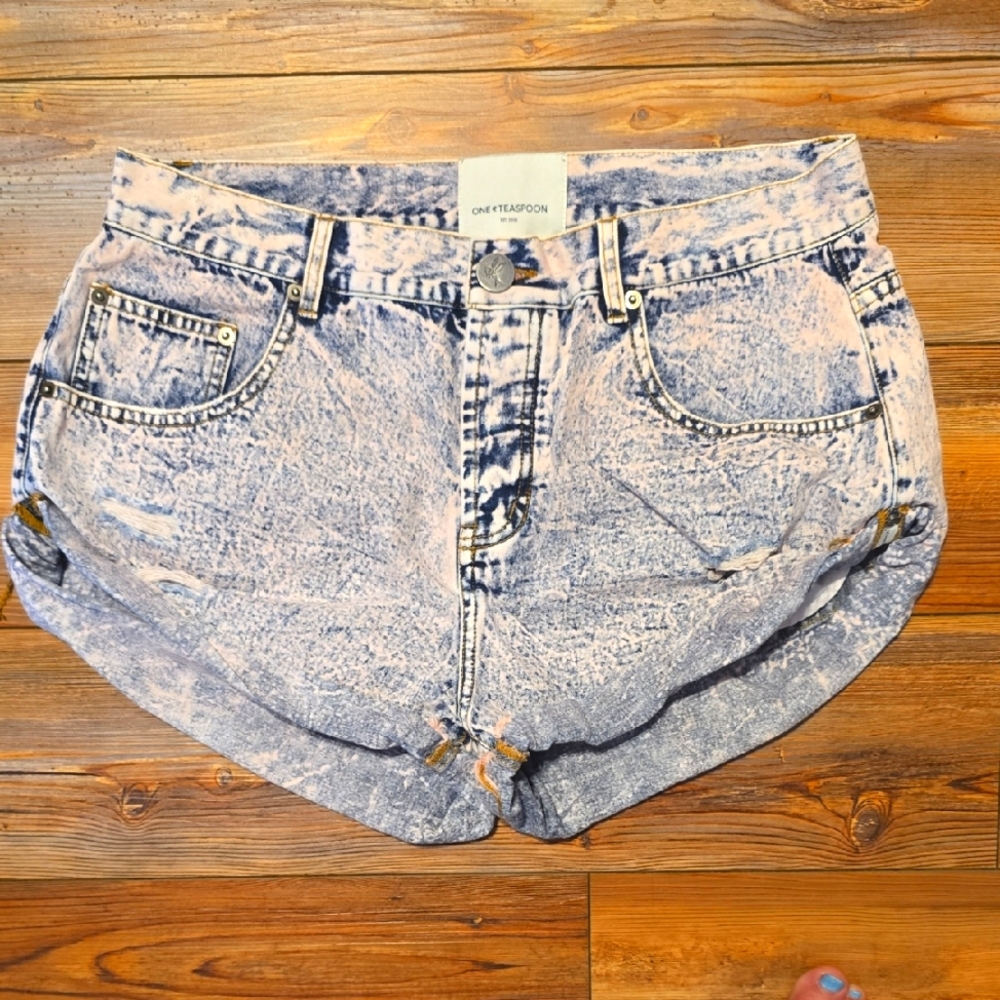 One Teaspoon Bandit Light Pink/Blue Acid Washed Distressed Jean Shorts